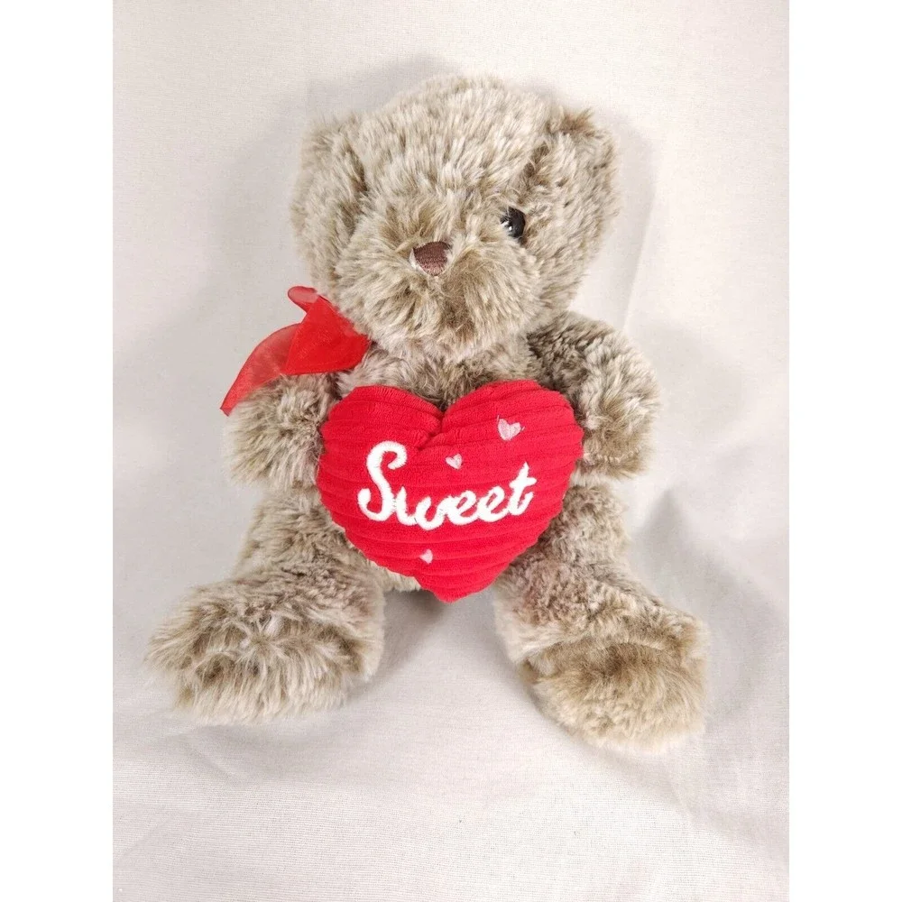 Valentine Plush teddy bear holding red heart pillow with Sweet red‎ ribbon bow